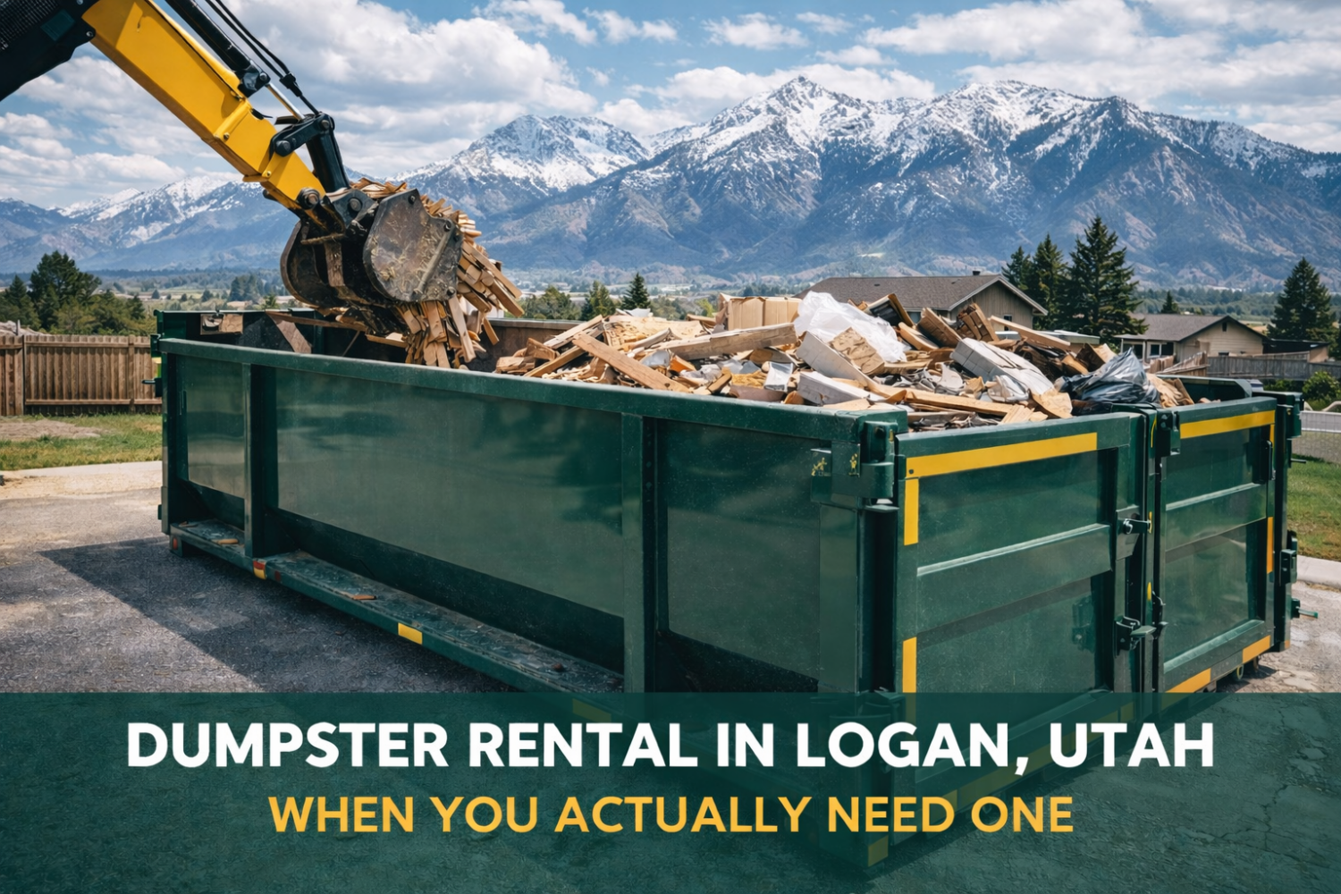 Roll-off dumpster filled with construction debris in a residential driveway in Logan, Utah with an excavator loading demolition waste during a home renovation project.