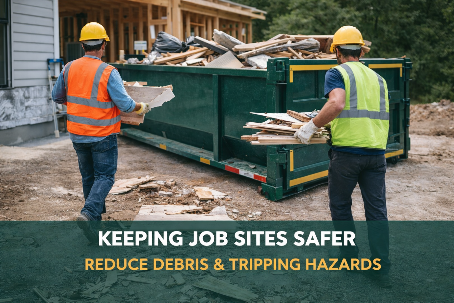 Construction workers placing debris into a green roll off dumpster at a residential job site in Logan Utah to keep the work area clean and safe.