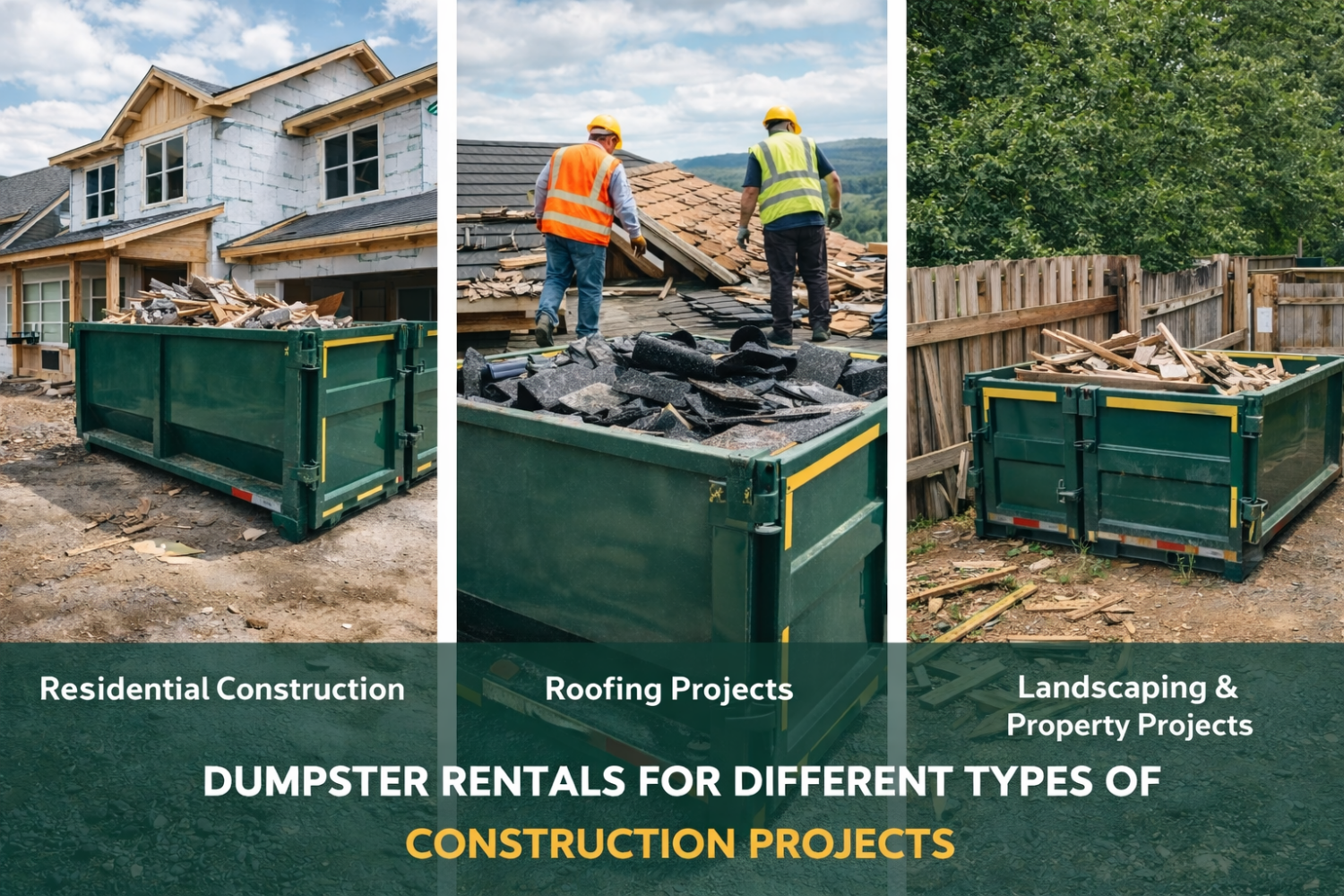 Green construction dumpsters used for residential construction roofing and landscaping projects in Logan Utah showing common uses for dumpster rentals.